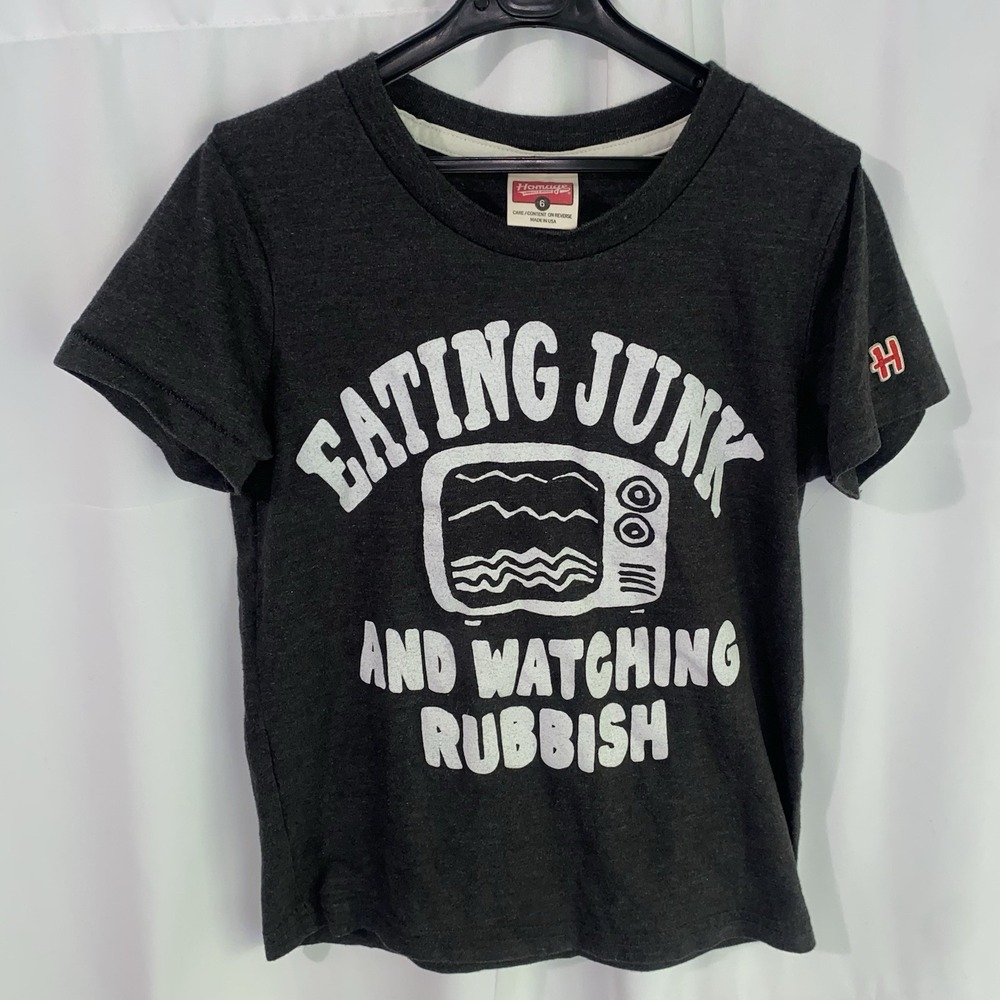 Homage Eating Junk Food And Watching Rubbish T Shirt Youth Kids size 6
